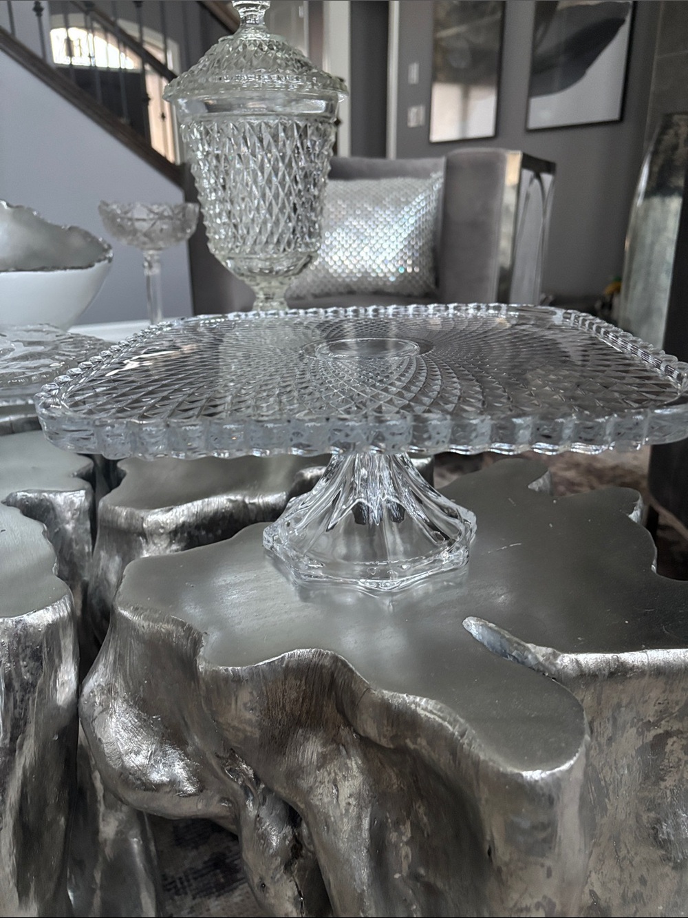 Vintage MCM SMITH GLASS Diamond 12 x 12 cake pedestal server stunning